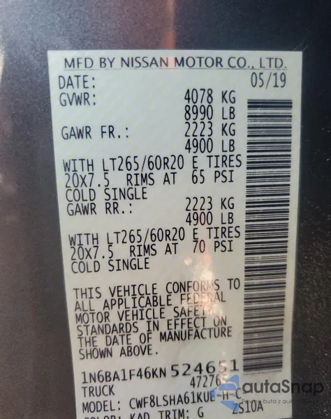 2019 Nissan Titan Xd Sl from USA, damaged, VIN 1N6BA1F46KN524651